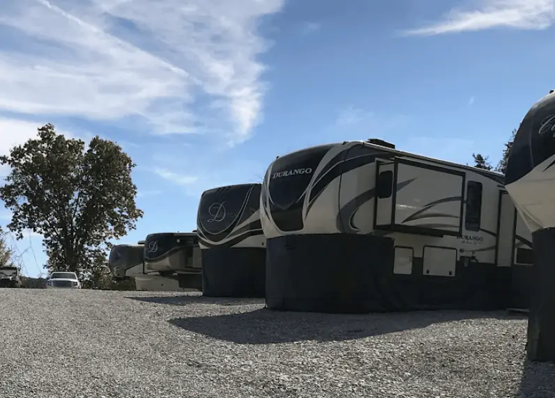 Fifth-wheel trailers parked on the level gravel sites at Outlook Pointe under an open sky